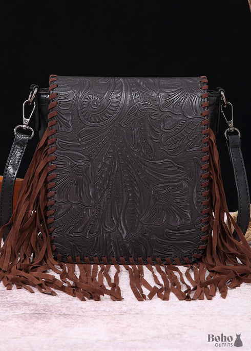 Boho Leather Carved Shoulder Bag